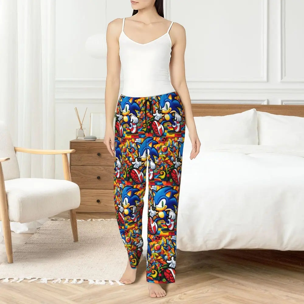 Custom Women Soniced Pajama Pants Printed Hedgehog Game Sleep Sleepwear Bottoms with Pockets