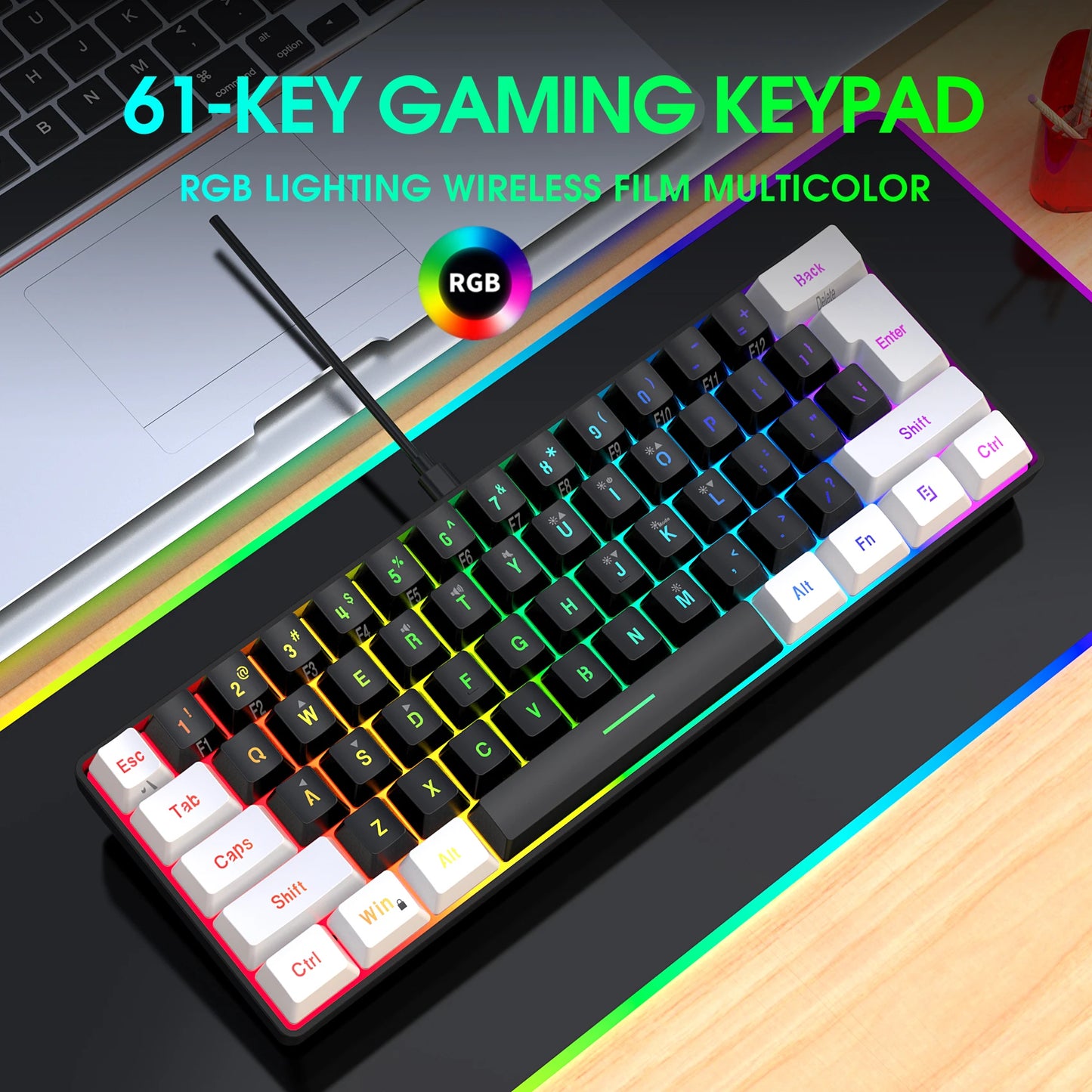 HXSJ-V700 60% RGB Backlit Gaming Keyboard, Compact 61-Key Mini Wired Office Keyboard with Ergonomic Design for office Home use
