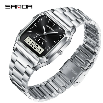 SANDA 747 Luxury Mens G Style Watches Stainless Steel Women LED Digital Dual Display Clock Unisex Waterproof Sports Quartz Watch