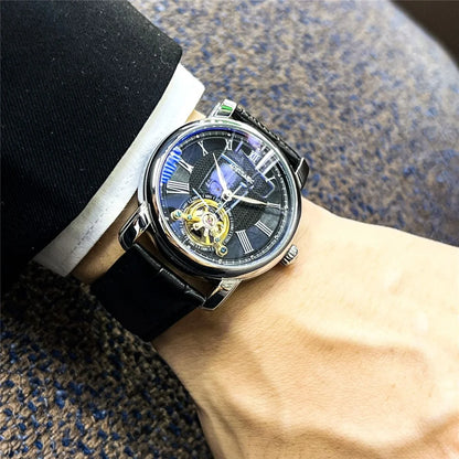 Mekanisk automatisk herreur – Elegant skeletdesign, trendy »business casual«-stil, urkasse i legering og læderrem, uden batteri