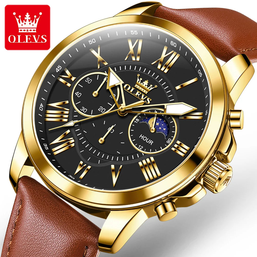 OLEVS 3632 Men Watch Elegant Luxury Sport Quartz Watch Scale Waterproof Luminous Automatic Date Moon Belt Watch Gifts Original