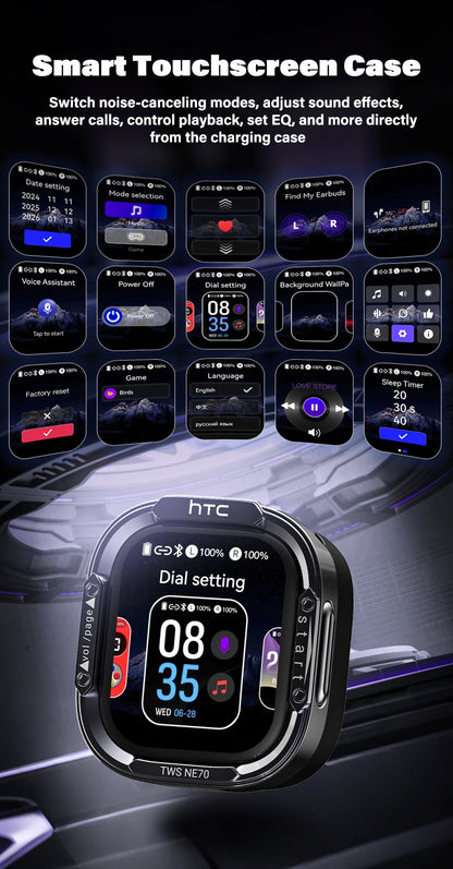 HTC NE70 Bluetooth Earphones Touch Screen TWS in-Ear Wireless Headphones AI Translator Noise Reduction Earbuds Game Heatset