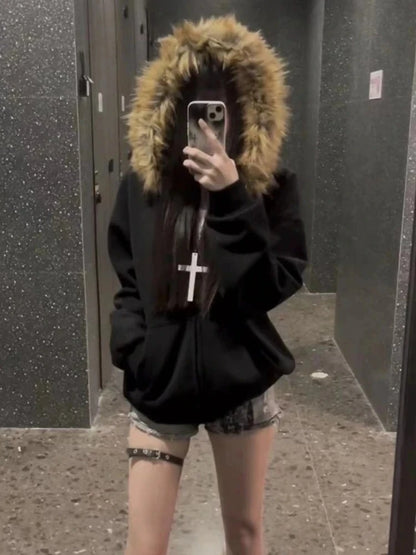 Produit gaming premium Fraquane American Vintage Black Faux Fur Sweatshirts Women Letter Printed Subculture Coats with Hooded Female Gothic Harajuku Jackets Y2k