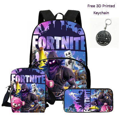 FORTNITE 3Pcs Lightweight Backpack With Front Pocket,Crossbody Bag&Pencil Case For Age 6-10 Boys Girls,Free 3D Printed Keychain