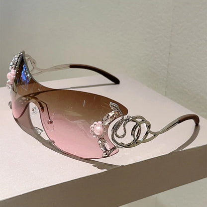 Ochelari de soare KAMMPT fără ramă Y2k cu strasuri, pentru femei, monobloc, pentru activități în aer liber, cu design la modă și lentile cu gradient