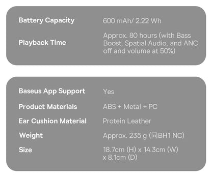 Baseus Bass EH10 NC Wireless Headphones Bluetooth 6.0 Noise Canceling 45dB Over Ear HeadsetSpatial Audio Earphone 80H Time