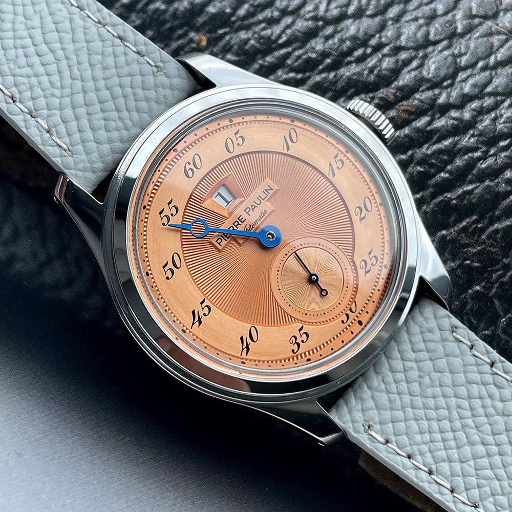 Spot goods NEW Pierre Paulin Jumping Hour Men Watch Salmon Dial Automatic St17 Mechanical Watch Vintage Date Window 38mm