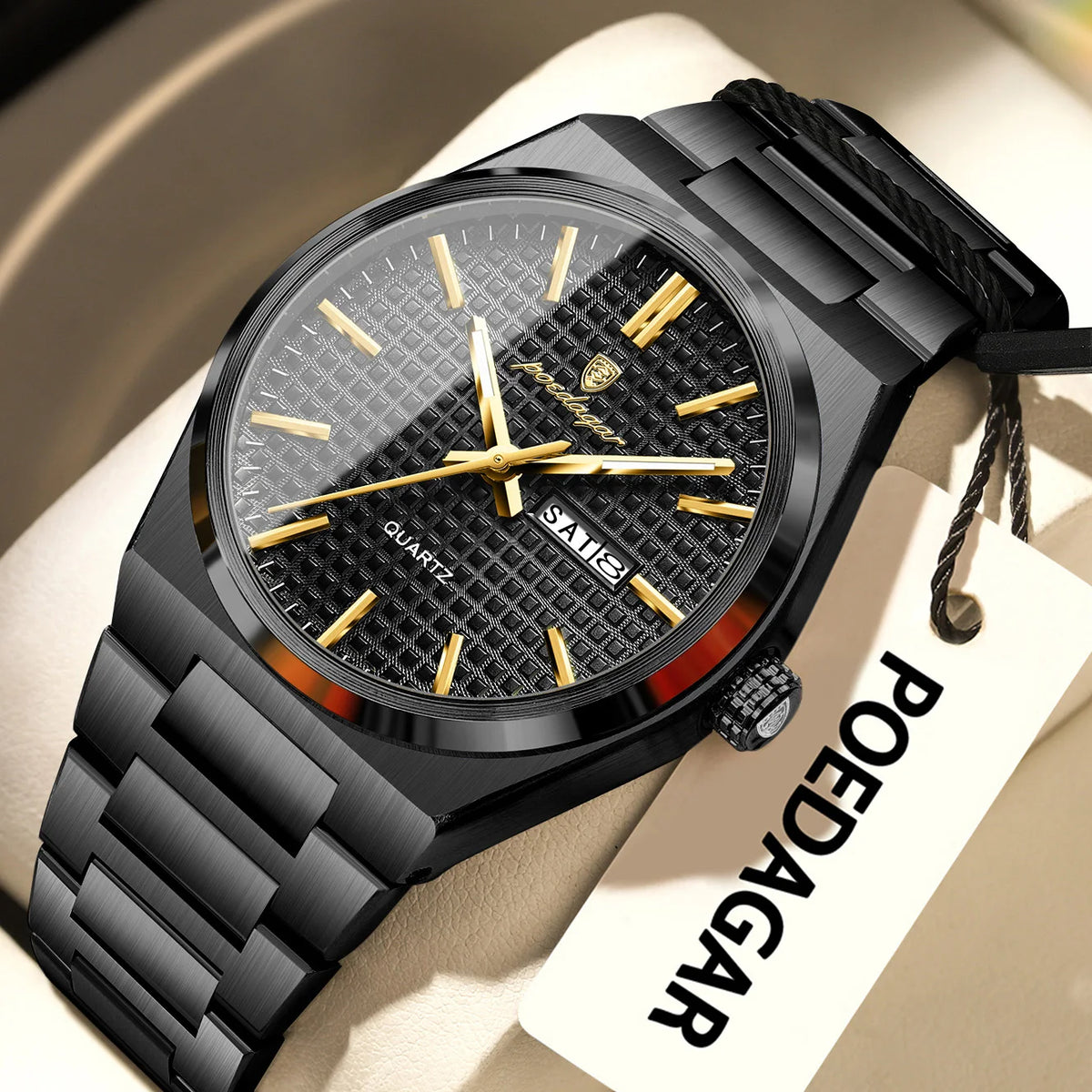 Orologio da polso di lusso da uomo POEDAGAR, impermeabile, luminescente, in acciaio inossidabile, con data e giorno della settimana, al quarzo, stile business.