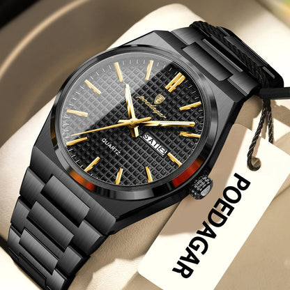 Orologio da polso di lusso da uomo POEDAGAR, impermeabile, luminescente, in acciaio inossidabile, con data e giorno della settimana, al quarzo, stile business.