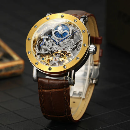 Relógio de pulso mecânico automático SKROX para homem, modelo esqueleto com função GMT, fase lunar e turbilhão – Relógio de luxo de alta gama, elegante e original.