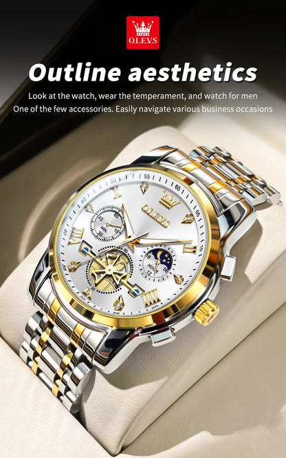 OLEVS Men's Watches Classic Multifunctional Flywheel Chronograph Original Quartz Wristwatch Moon Phase 24 Hour Waterproof Watch