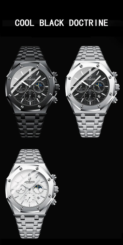 BINBOND Top Brand Man Quartz Watch Luxury Luminous Chronograph Wristwatch Stainless Steel Waterproof Men Date Calendar Clock