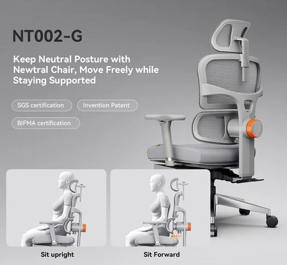 NEWTRAL NT002 Ergonomic Chair, Adaptive Lower Back Support, Adjustable Armrest Headrest Footrest, Gray, Cushioned 4D Armrest