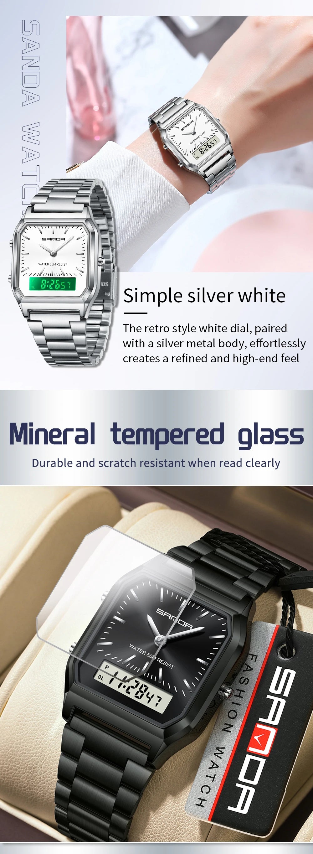 SANDA 747 Luxury Mens G Style Watches Stainless Steel Women LED Digital Dual Display Clock Unisex Waterproof Sports Quartz Watch
