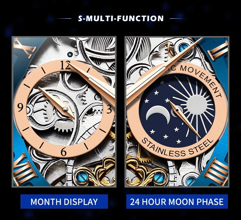 OLEVS Top Brand Men's Skeleton Mechanical Watch, Waterproof Leather Strap, Moon Phase, Automatic Tourbillon Wristwatch