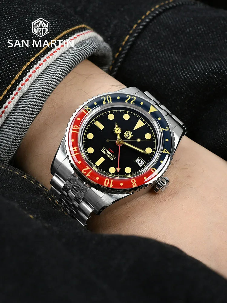 San Martin NH34 40mm GMT Luxury Sports Style Full Luminous Bidirectional Sapphire Bezel Automatic Mechanical Watch 20 Bar SN0005
