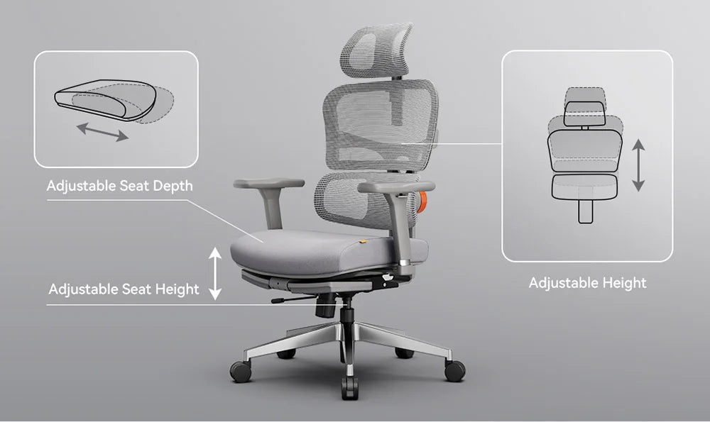NEWTRAL NT002 Ergonomic Chair, Adaptive Lower Back Support, Adjustable Armrest Headrest Footrest, Gray, Cushioned 4D Armrest