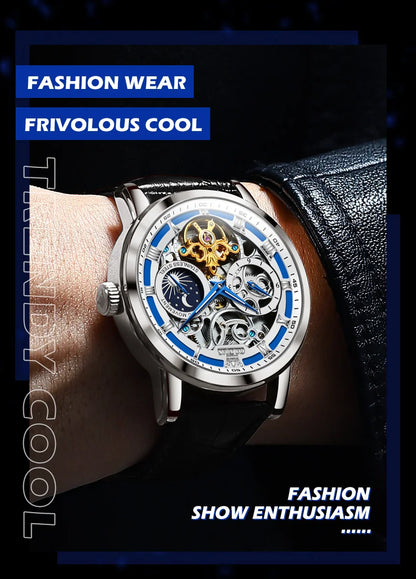 OLEVS Top Brand Men's Skeleton Mechanical Watch, Waterproof Leather Strap, Moon Phase, Automatic Tourbillon Wristwatch