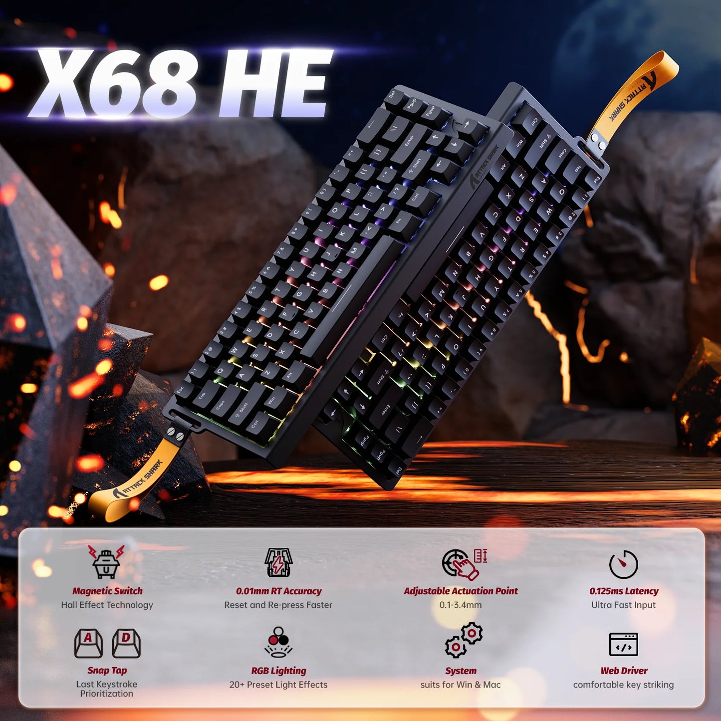 ATTACK SHARK X68 HE Rapid Trigger 8KHz Magnetic Keyboard, 0.01mm RT Accuracy, 60% Layout, RGB, Support RT/Snap Tap/DKS/MT/TGL