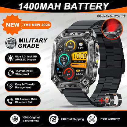 2026 TANK New 1400mAh Military GPS Smart Watch Men 2.01" AMOLED Screen 10ATM Waterproof Clock SOS Call Flashlight Smartwatch iOS