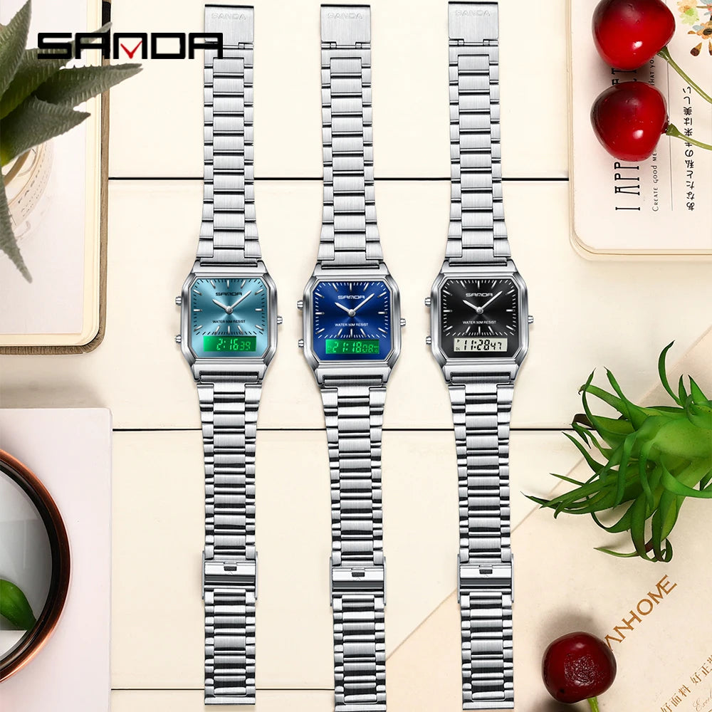 SANDA 747 Luxury Mens G Style Watches Stainless Steel Women LED Digital Dual Display Clock Unisex Waterproof Sports Quartz Watch
