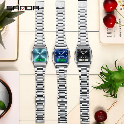 SANDA 747 Luxury Mens G Style Watches Stainless Steel Women LED Digital Dual Display Clock Unisex Waterproof Sports Quartz Watch