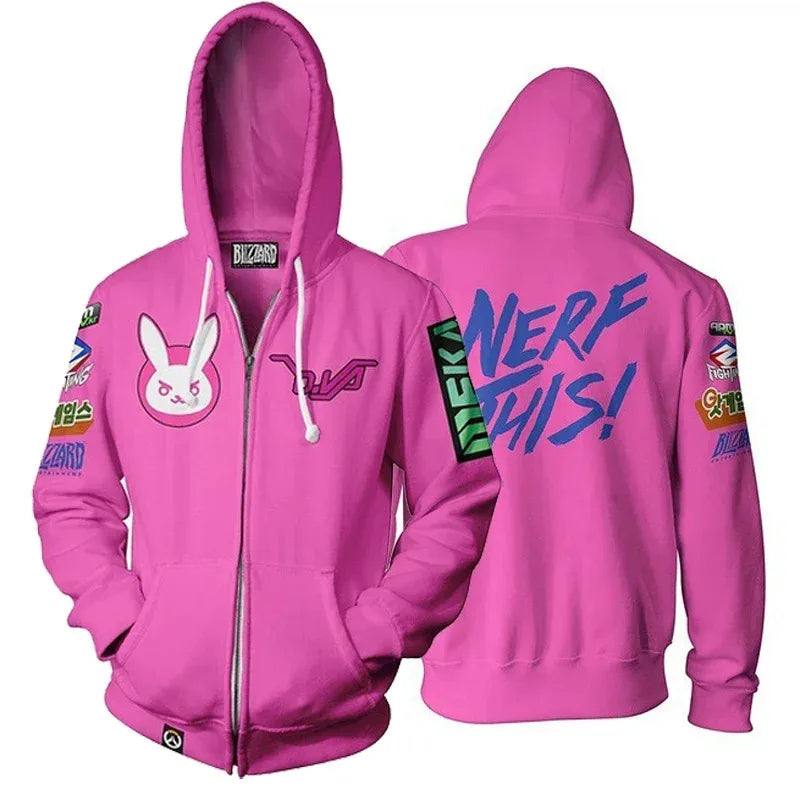 Animepelihuppari, 3D-painatus, Overwatches DVA DJ -cosplay-asu, naisten, miesten ja pariskuntien hupullinen takki, yläosa, vaate
