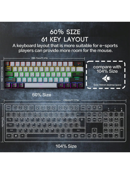 60% Wired Gaming Mechanical Keyboard RGB Backlit Ultra Compact Mini Layout for PC/Mac Gamers And Typists Easy Travel Design