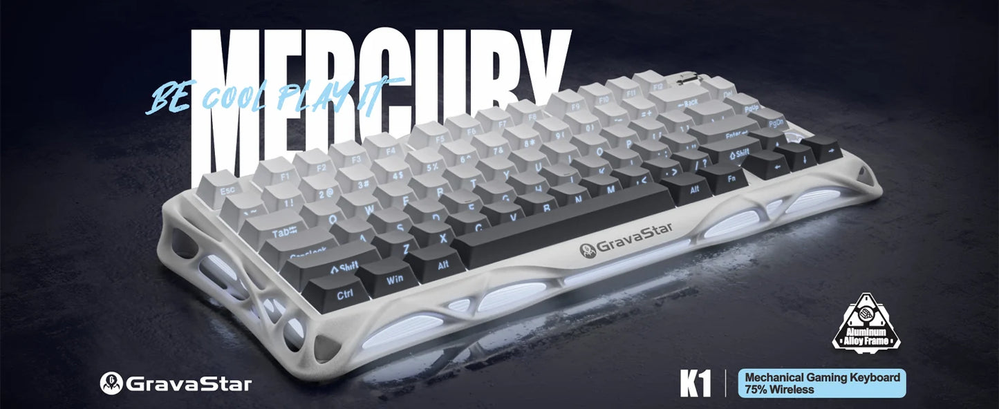 GravaStar Mercury K1 75% Wireless Mechanical Gaming Keyboard, Aluminum Alloy Exoskeleton Design, RGB Backlit, Hot-Swap Socket