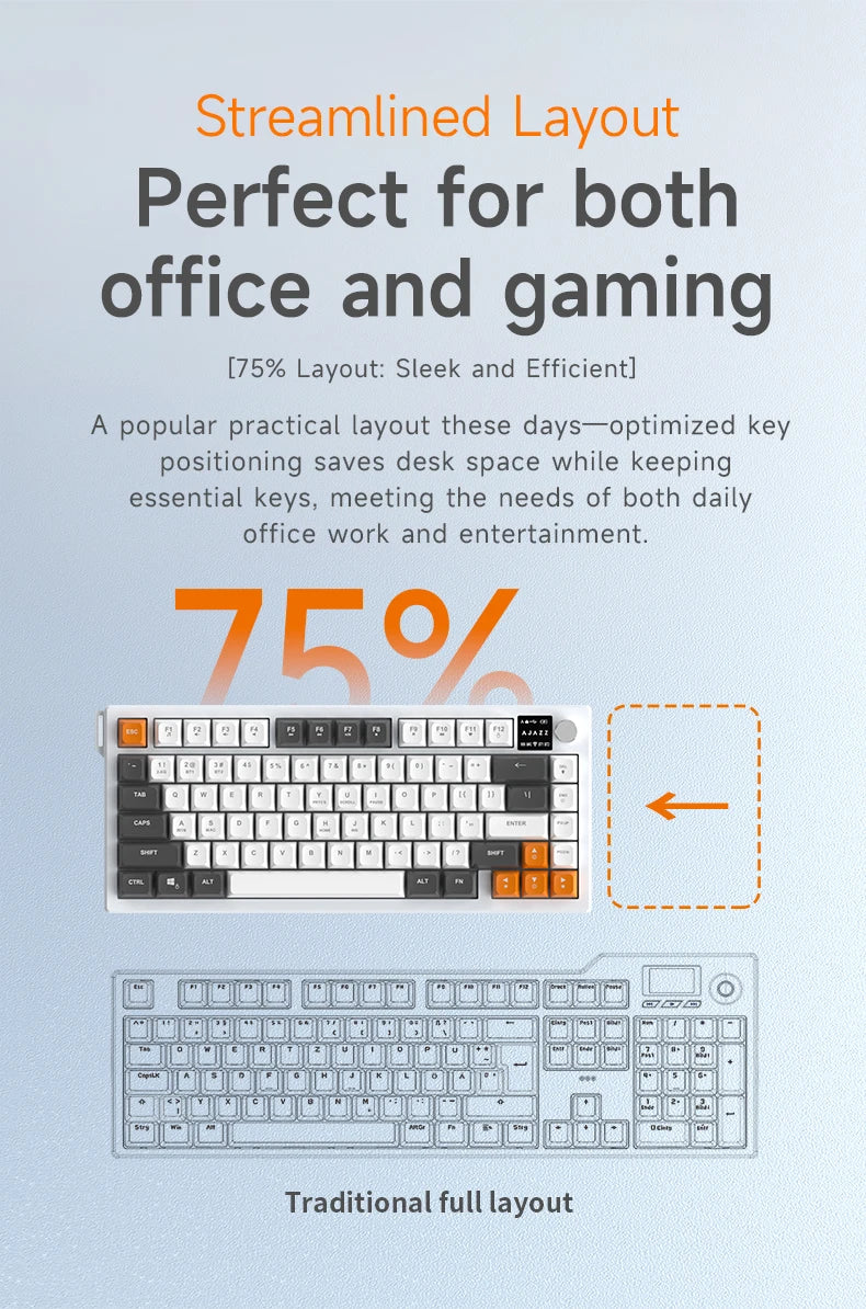 AJAZZ AF82 Low-Proflie Electrostatic Keyboard  4000mAh Trl-Mode 75% Type-C Display Screen  Keyboard Office Gaming E-sport