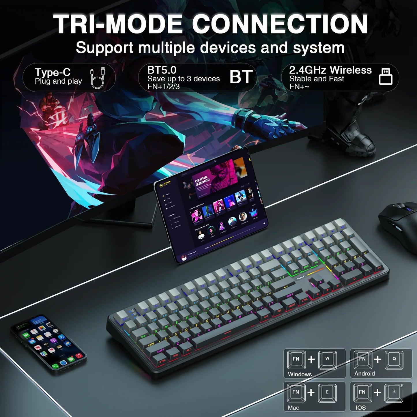 AULA F108 Keyboard 100% Layout 1K Polling Rate Mechanical Gaming Keyboard Hot Swappable Linear Switch with Macro Software