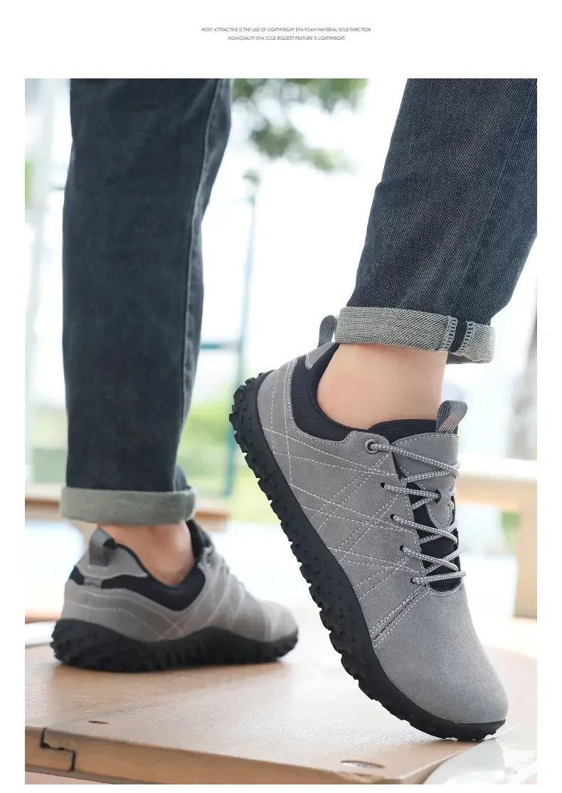 Zapatos de cuero de ante y tejido PU con puntera ancha, antideslizantes, para senderismo, trabajo, deporte masculino y caminatas al aire libre para mujer