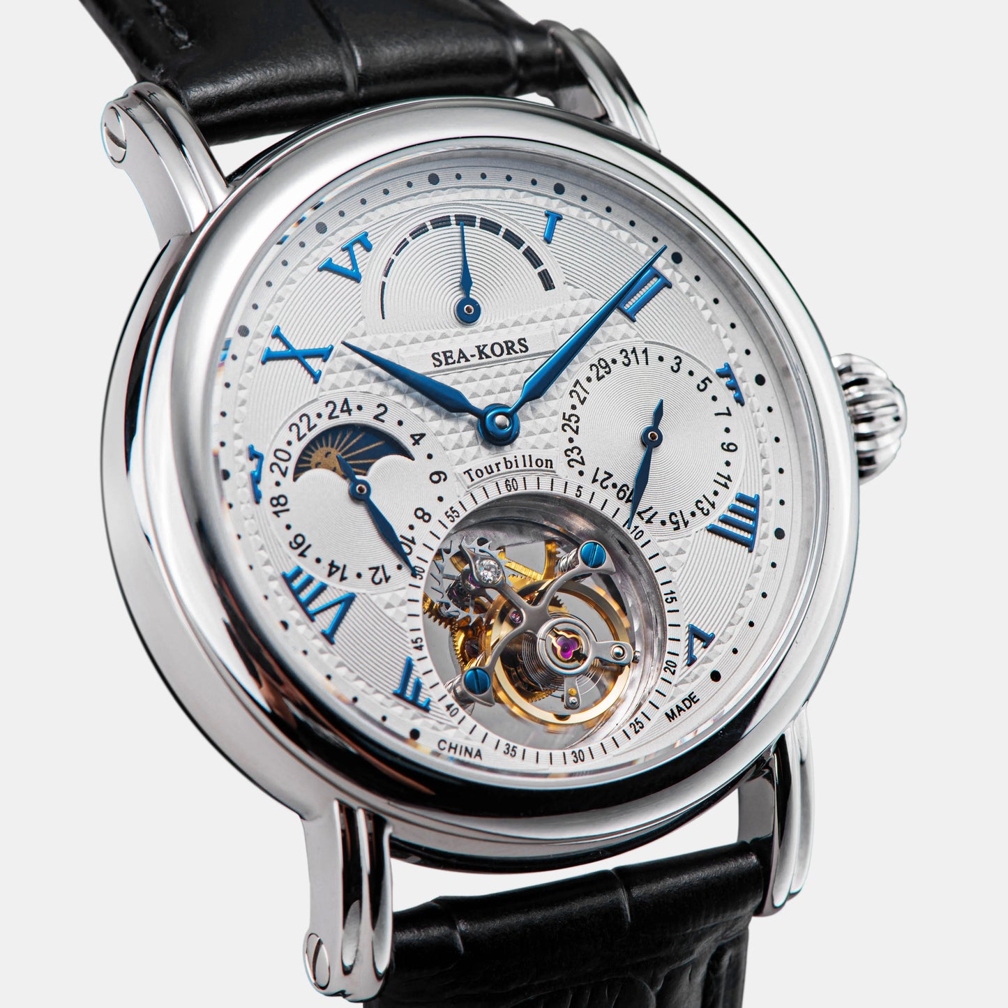 Sugess Seakors Men's Tourbillon Watch Original ST8007 Movement Skeleton Dial Moonphase Wristwatch 316L Case Sapphire