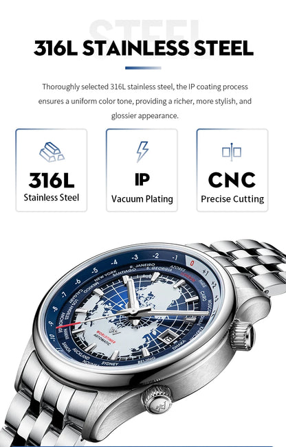 WM Watch Automatic Mechanical Men Watches High Quality Sapphire World Time Original Recognized Brand Welly Merck Watch Man WM057