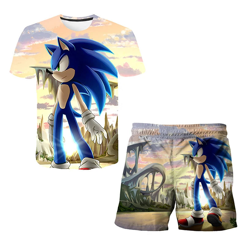 2026 Sonic The Hedgehog 3D T-shirt Set for Boys and Girls: Cute Summer Top + Shorts - Children's Short-Sleeve Birthday Gift