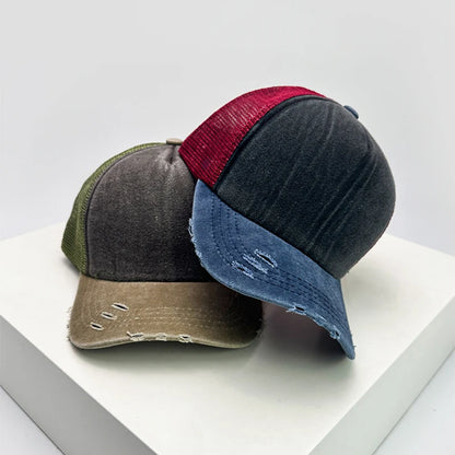 New Unisex Color Block Broken Style Baseball Hats Distress Breathable Mesh Sunshade Retro Trucker Caps Versatile Simple Fashion