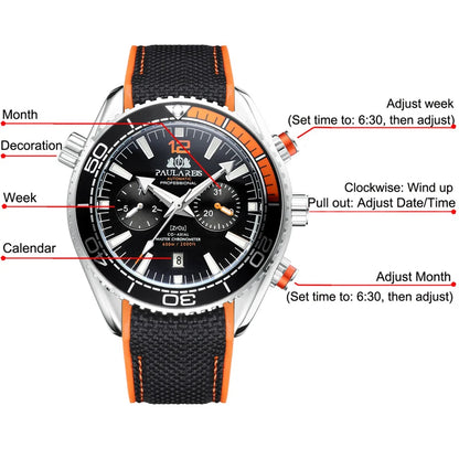 Classic Luxury Men Automatic Watch Multifunction Mechanical Wristwatch Rubber Strap Waterproof Week Date Watches Reloj Hombre