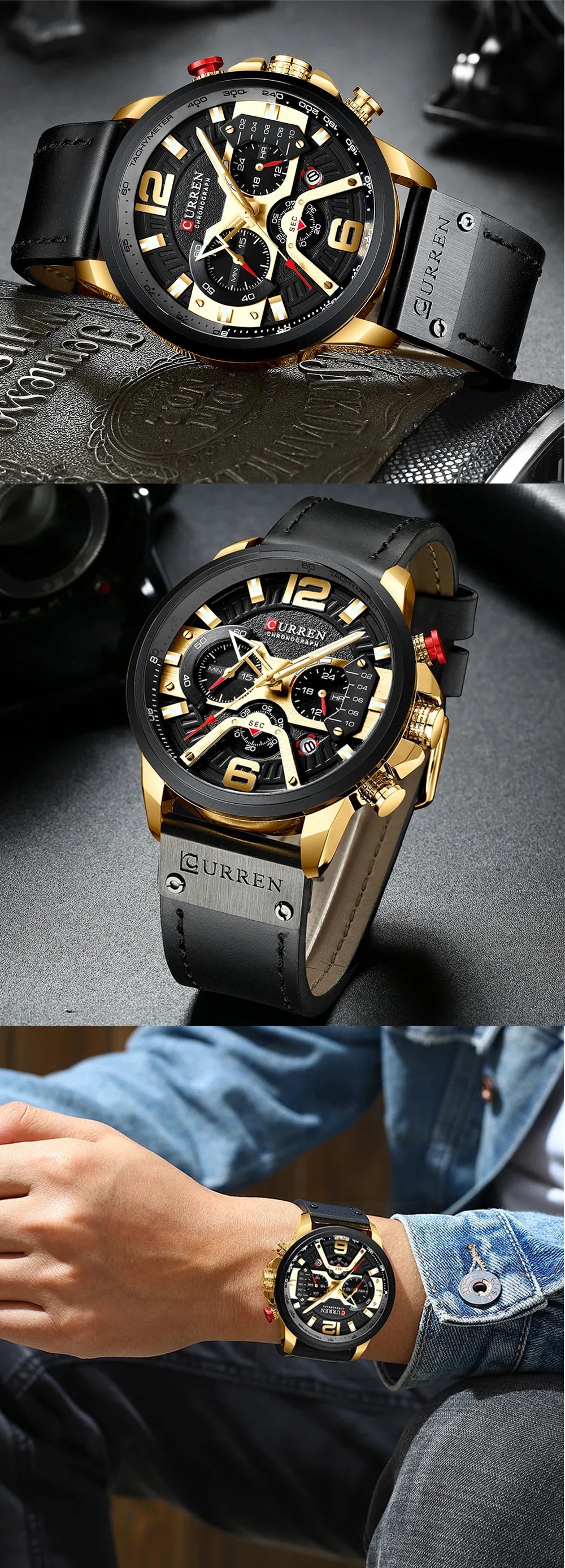 Relógio para homem CURREN 8329 – Estilo desportivo descontraído, design militar, bracelete em pele, cronógrafo na moda, relógio de luxo de grande marca