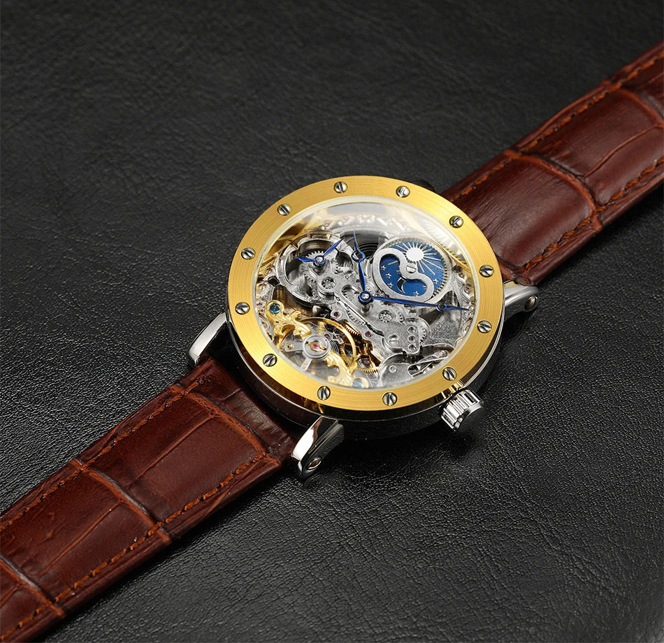 Relógio de pulso mecânico automático SKROX para homem, modelo esqueleto com função GMT, fase lunar e turbilhão – Relógio de luxo de alta gama, elegante e original.
