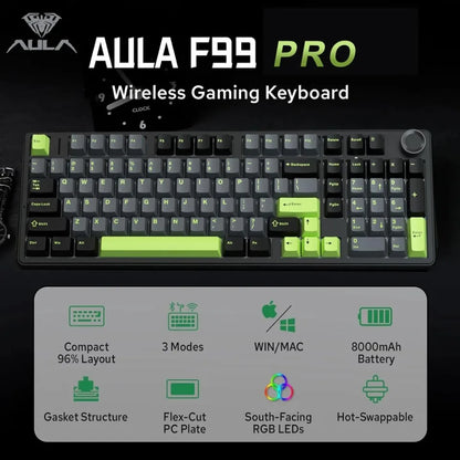 AULA F99 PRO Wireless Gaming Mechanical Keyboard 99 Keys Hot Swappable Gasket Structure 96% 8000mAh Battery Keyboard with Knob