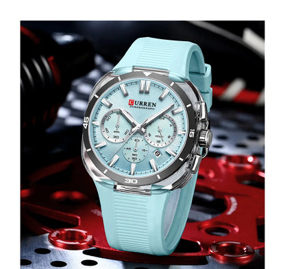 Relógio de homem CURREN – Novo modelo de luxo com movimento de quartzo, bracelete em silicone, estilo desportivo, multifunções, à prova de água, luminoso, com indicação da data e cronómetro.