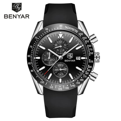 Relógios de luxo para homem BENYAR – Relógios de pulso de quartzo com bracelete em pele, resistentes à água até 30 m, estilo desportivo.