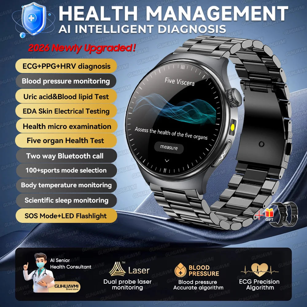 2026New AI-Diagnosis Care Smartwatch ECG+PPG Accurate Uric Acid Blood Pressure Body Fat Five organ Fitness Waterproof Smartwatch