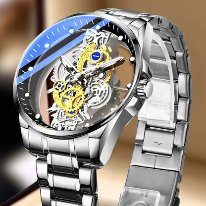 Relógio de moda para homem, modelo com abertura dupla, estilo luxuoso dourado, imitação de turbilhão mecânico, movimento de quartzo.