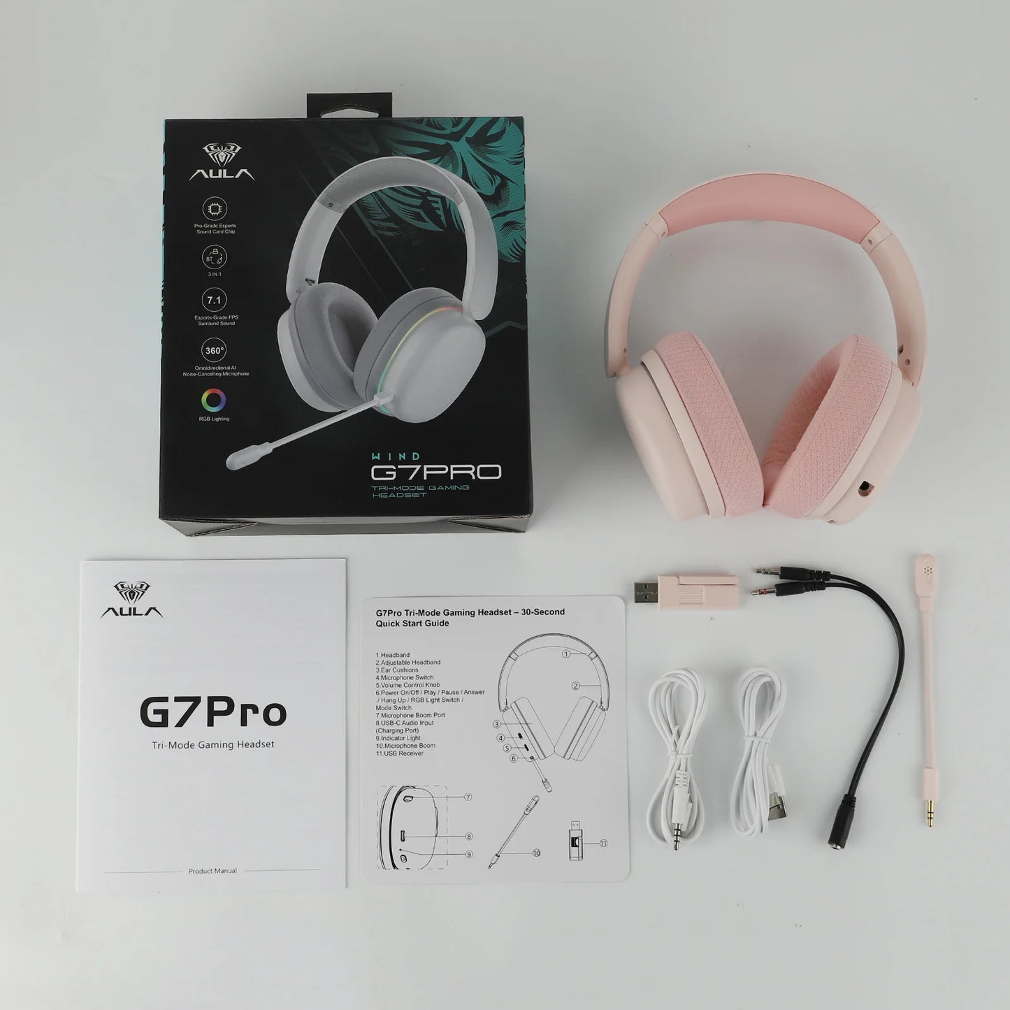 AULA G7 Pro Wired/Bluetooth/2.4GHz Wireless Gaming Headphone 7.1 Surround Sound with Noise Canceling Mic for PS4/PS5/PC/Switch