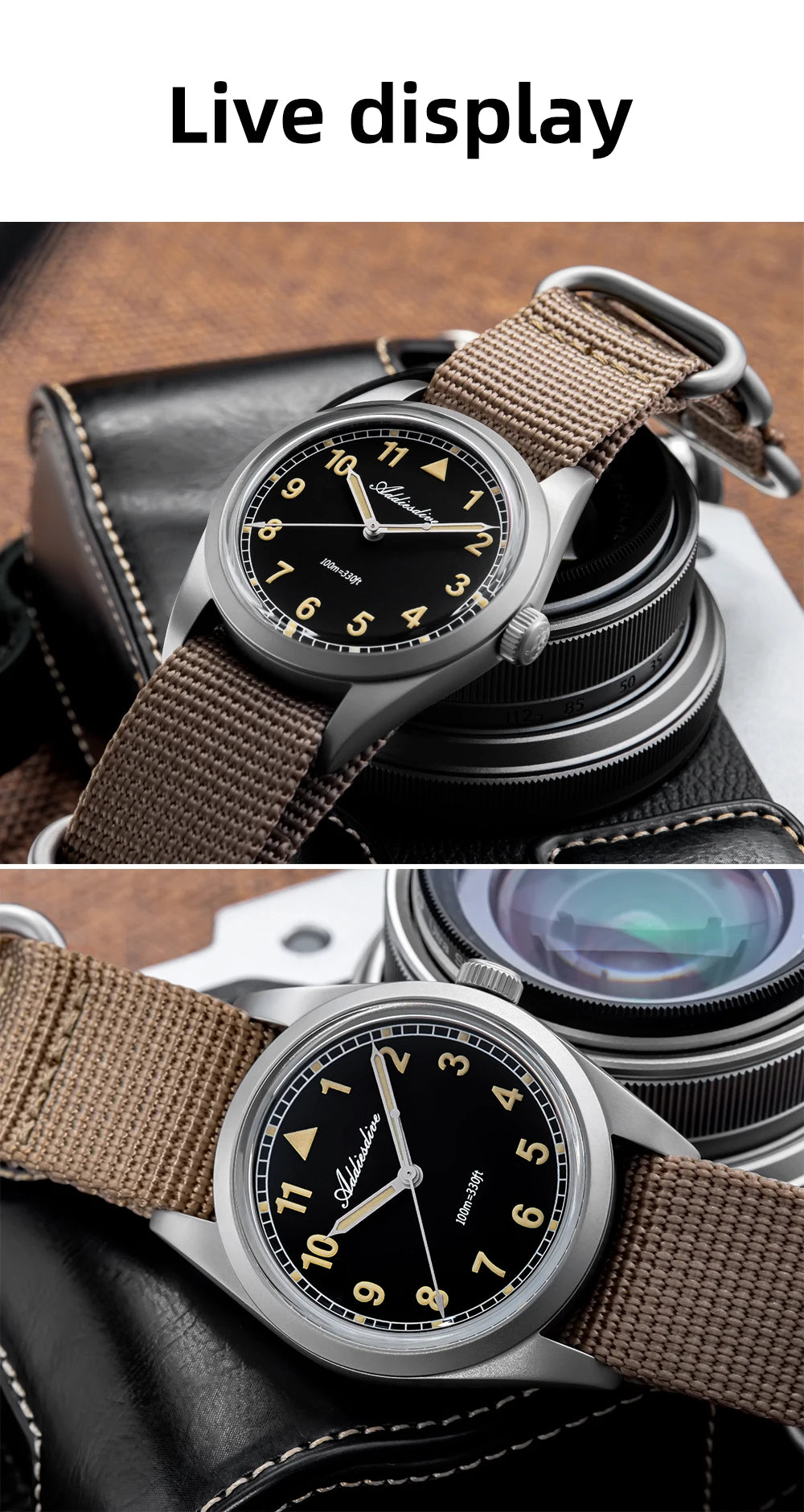Reloj analógico para hombre ADDIESDIVE de 36mm con cristal de espejo abombado, resistente al agua 100m, luminoso, reloj de cuarzo sencillo para hombre con correa de nailon