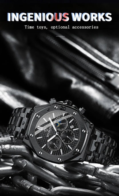 BINBOND Top Brand Man Quartz Watch Luxury Luminous Chronograph Wristwatch Stainless Steel Waterproof Men Date Calendar Clock