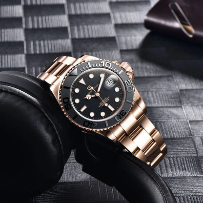 PAGANI DESIGN Luxury Mechanical Automatic Men's Watch Rose Gold Ceramic Rotating Frame Top Business watches for man reloj hombre