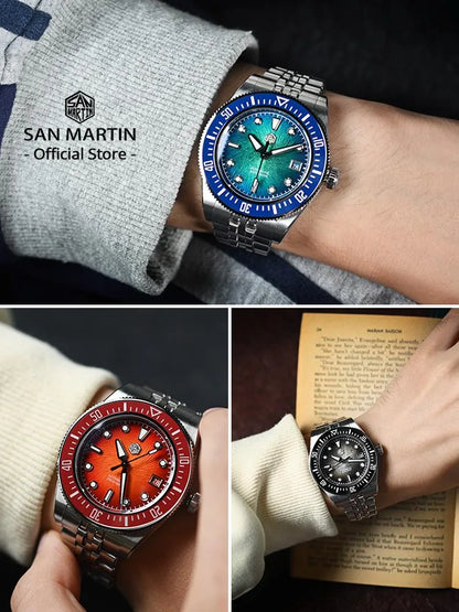 San Martin 37,5 mm 40 mm emajlirana ura z vzorcem spirale in vrtinca za moške, luksuzna potapljaška ura, Miyota 9015, avtomatski mehanski mehanizem, vodoodporna do 200 m, SN0148