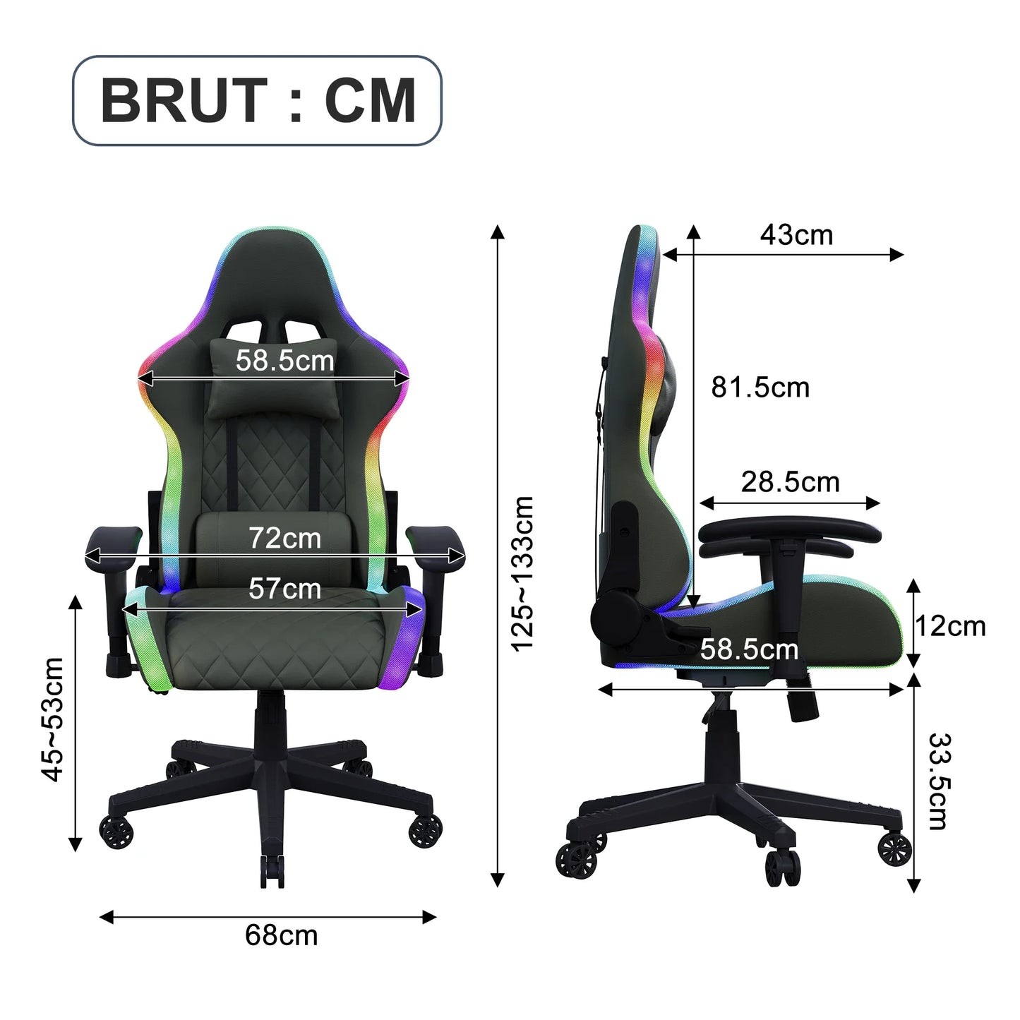 Rosahqnda LED gaming chair with ergonomically adjustable backrest, PU leather office chair, lumbar support cushion & pillow